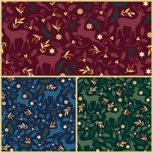Festlicher Weihnachten Rentier Holly Sterne Metallic Gold Stoff, 100% Baumwolle, Quilt Stoff, 140 cm Breit Material von Fat Quarter/Halber Meter/Meter