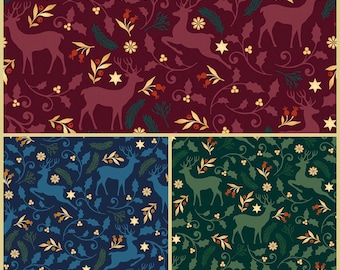 Festive Christmas Reindeer Holly Stars Metallic Gold Fabric, 100% Cotton, Quilt Fabric, 140 cm Wide Material by Fat Quarter/Half Metre/Metre