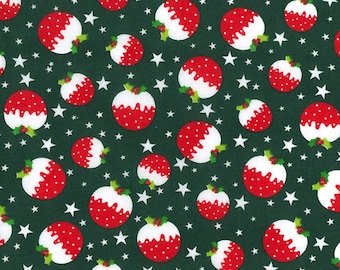 Christmas Pudding Stoff, Polycotton Stoff, Festlicher Weihnachts Stoff auf Grün, Klein Bedruckter Stoff by the Fat Quarter/0,5 Meter
