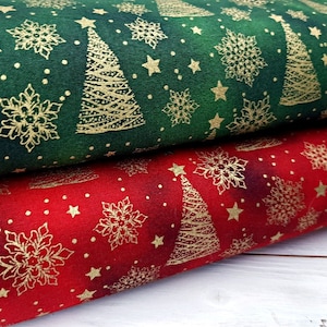 Christmas Tree Fabric, 100% Cotton, Metallic Gold Fabric, Festive Poinsettia Quilting Sewing Craft Material by Fat Quarter/Half Metre/Metre