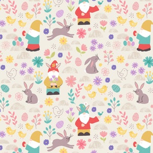 Easter Fabric, 100% Premium Cotton Fabric Lewis & Irene, Bunny Eggs Gnomes Birds Floral Spring Flowers Cotton Print on Cream, Quilt Fabric
