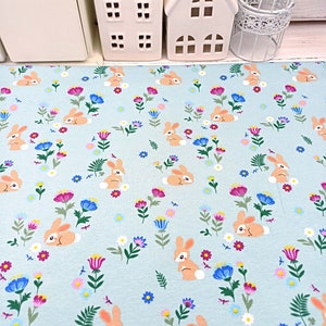 Floral Bunny Jersey Fabric, 150 cm Wide T-shirt Dressmaking Fabric, Children Clothes Material, Jade Lilac Blue Stretchy Fabric by Half Metre Bunnies on jade