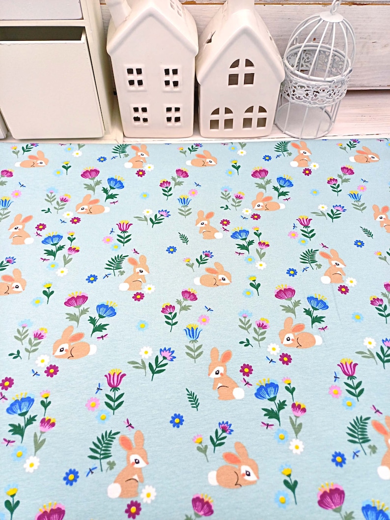 Floral Bunny Jersey Fabric, 150 cm Wide T-shirt Dressmaking Fabric, Children Clothes Material, Jade Lilac Blue Stretchy Fabric by Half Metre Bunnies on jade