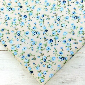 Floral Fabric, Polycotton Fabric, Small Print Fabric, Floral Print Material, Craft Fabric, Sewing Fabric in Blue and Cream by the Half Metre