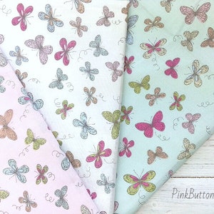 Butterfly Fabric, 100% Cotton, Insect Fabric, Butterfly Print Cotton on Pink Blue White, 140cm Width Fabric, Pastel Fabric, Nursery Fabric