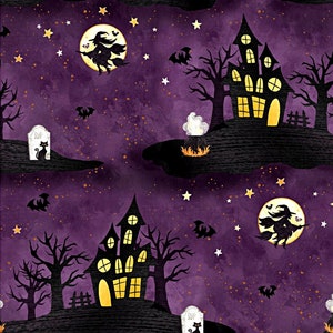 Halloween Haunted Houses Fabric, 100% Cotton, Quilt Material, Spooky Fabric, Horror Fabric, Witch Bat Fabric by Fat Quarter/Half Metre/Metre