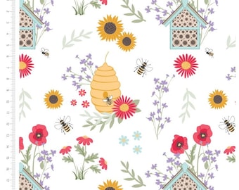 Bee Fabric, 100% Cotton, Insect Fabric, Quilting Fabric, Cute Bee and Sunflowers Cotton Print, Sewing Fabric by Fat Quarter/Half Metre/Metre