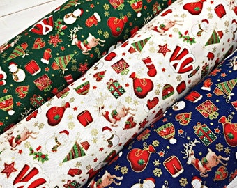 Christmas Fabric, 100% Cotton, Metallic Gold Fabric, Quilting Fabric, Festive Material, 140cm Width Fabric by Fat Quarter/Half Metre/Metre