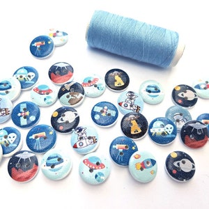 Space Wooden Buttons, Kids Buttons, Baby Buttons, Sewing Knitting Scrapbooking 15 mm Buttons, Rocket Astronaut Planets Buttons, Pack of 10