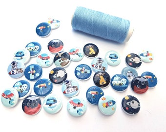 Space Wooden Buttons, Kids Buttons, Baby Buttons, Sewing Knitting Scrapbooking 15 mm Buttons, Rocket Astronaut Planets Buttons, Pack of 10