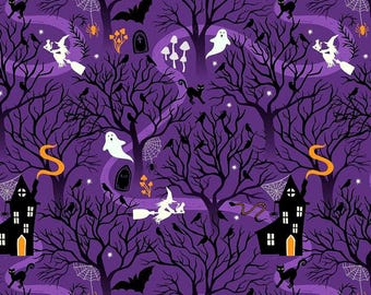 Halloween Cotton Fabric by Lewis & Irene, Witchy Woods Cotton Print on Purple, Quilting Material