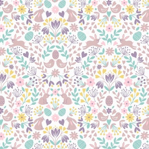 Easter Fabric, 100% Premium Cotton Fabric Lewis & Irene, Bunny Easter Eggs Rabbit Floral Spring Flowers Cotton Print on Ivory, Quilt Fabric