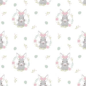 Cute Easter Bunny Fabric, 100% Cotton, Rabbit Floral Print, Quilt Sewing Craft Fabric, Baby Nursery Fabric by Fat Quarter/Half Metre/Metre