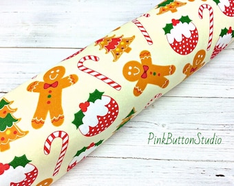 Christmas Gingerbread Man Fabric, Christmas Pudding  Candy Canes Polycotton Fabric, Sewing and Craft Fabric by Fat Quarter/Half Metre/Metre