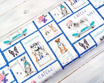 May include: White fabric with a blue and white checked pattern featuring illustrations of dogs in various poses. The text "Catch Me!" and "ChillAxing" are repeated throughout the fabric.