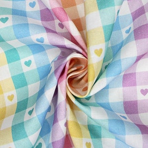 Heart Fabric, 100% Cotton, Rainbow Love Hearts Check Valentines Print, 145 cm Wide Quilt Sewing Craft Fabric by Fat Quarter/Half Metre/Metre