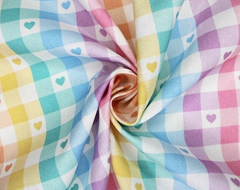 Heart Fabric, 100% Cotton, Rainbow Love Hearts Check Valentines Print, 145 cm Wide Quilt Sewing Craft Fabric by Fat Quarter/Half Metre/Metre