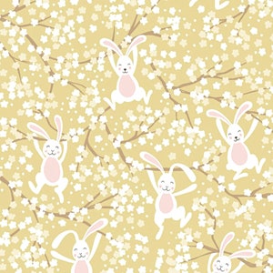 Easter Bunny Fabric, 100% Premium Cotton Fabric Lewis & Irene, Cute Bunny on Yellow Spring Floral Cotton Print, Rabbit Pastel Quilt Material