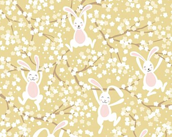Påskharetyg, 100 % premiumbomullstyg Lewis & Irene, söt kanin med gult vårblommigt bomullstryck, pastellfärgat quiltmaterial med kaninmotiv