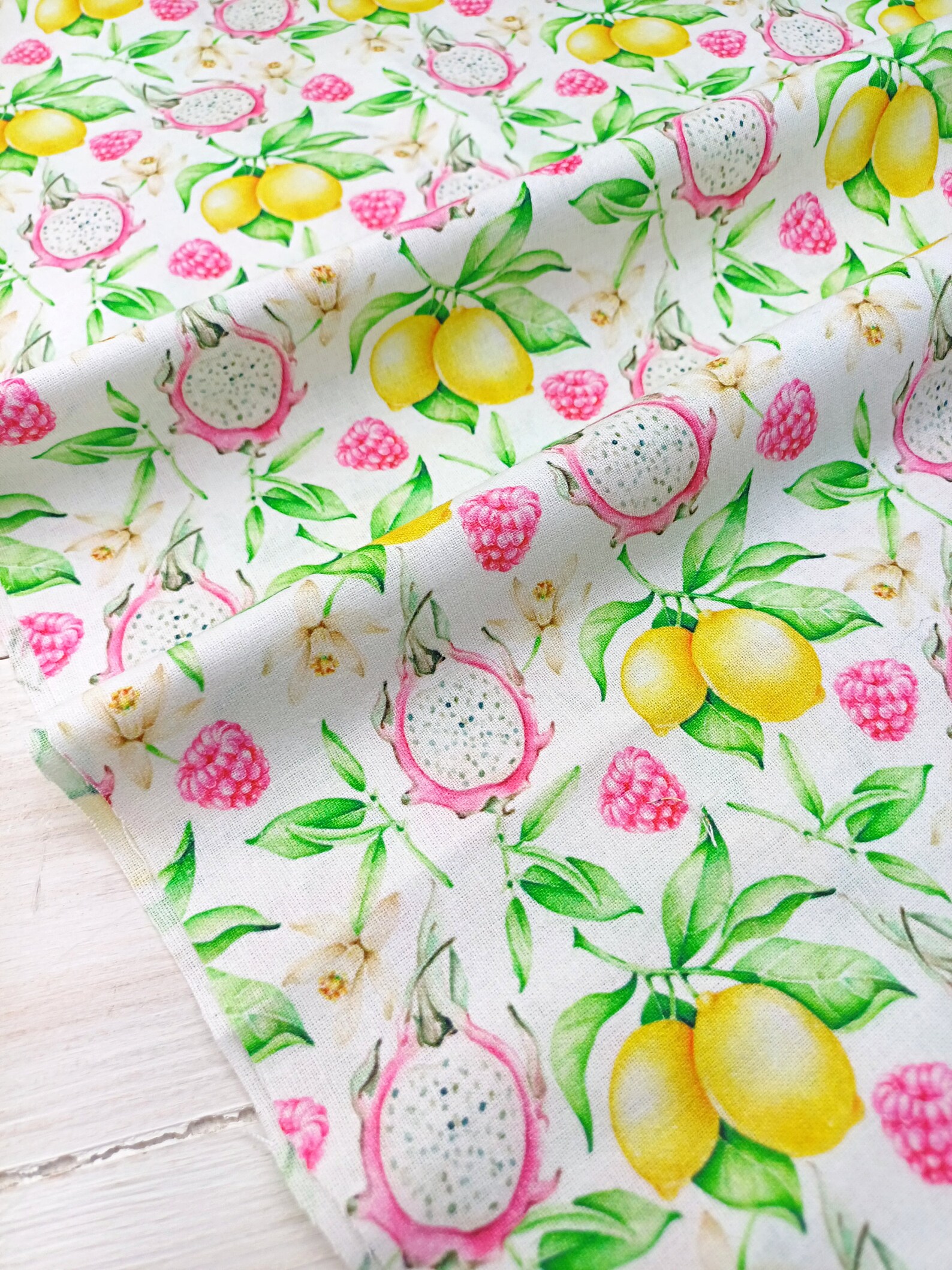 Fruit Fabric, 100% Cotton, Lemon Strawberry Pitaya Floral Print, Summer ...