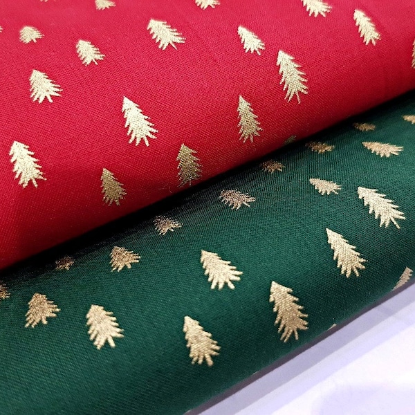 Festive Metallic Gold Sparkling Christmas Tree on Red/Green, 100% Cotton, Quilt Fabric, 140 cm Wide Material by Fat Quarter/Half Metre/Metre