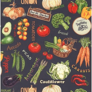 Vegetables Farmers Market Fabric, 100% Cotton, Carrot Pumpkin Tomato Print, Quilting Sewing Craft Material by Fat Quarter/Half Yard/Yard