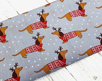 Christmas Dachshund Fabric, Cute Sausage Dog Polycotton Fabric, Festive Material, Sewing and Craft Fabric by Fat Quarter/Half Metre/Metre