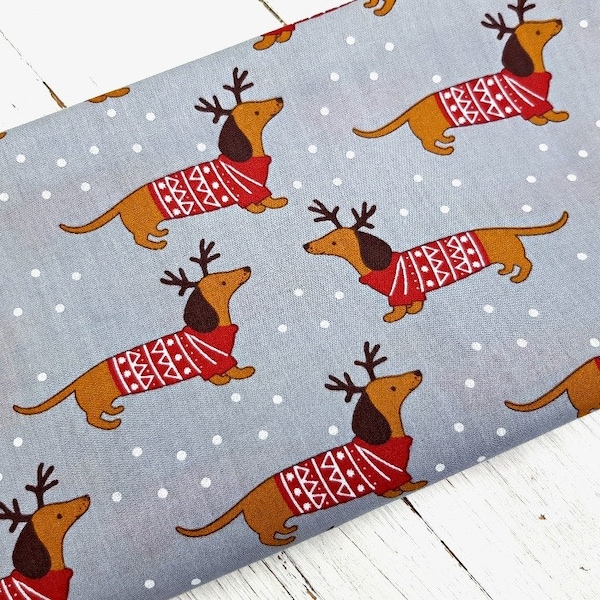 Christmas Dachshund Fabric, Cute Sausage Dog Polycotton Fabric, Festive Material, Sewing and Craft Fabric by Fat Quarter/Half Metre/Metre