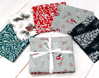 Julskog Fat Quarter-paket, 100 % bomull, Festlig rödhårig blommig metallisk guldfärgad Fat Quarters, quiltningstyg för sömnad, set om 5