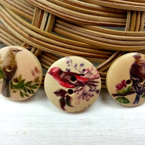 Bird Buttons, Wooden Buttons, Wooden Embellishments, Natural Wood Buttons, Round Buttons, 20 mm Buttons, Painted Wood Buttons, Pack of 10 image 5