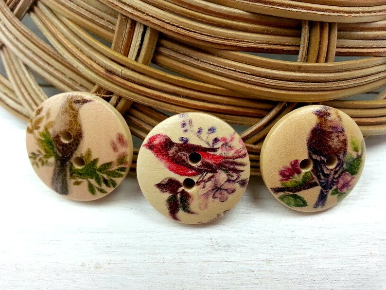 Bird Buttons, Wooden Buttons, Wooden Embellishments, Natural Wood Buttons, Round Buttons, 20 mm Buttons, Painted Wood Buttons, Pack of 10 image 5