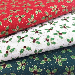 Christmas Holly Fabric, 100% Cotton, Holly Leaves Berries Gold Metallic Print, 140 cm Wide Quilting Fabric by Fat Quarter/Half Metre/Metre