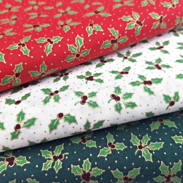 Christmas Holly Fabric, 100% Cotton, Holly Leaves Berries Gold Metallic Print, 140 cm Wide Quilting Fabric by Fat Quarter/Half Metre/Metre