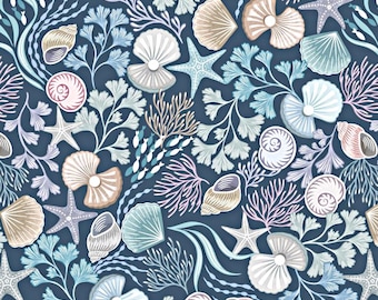 Ocean Themed Cotton Fabric by Lewis & Irene, Shells and Pearls on Dark Blue with Pearl, Quilting Sewing Craft Material