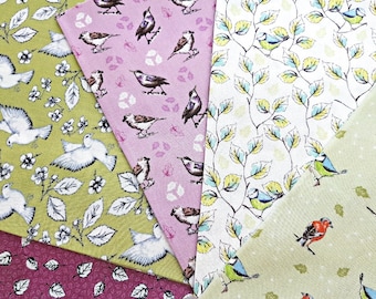 May include: Five different fabric swatches with bird and leaf patterns. The swatches are in shades of green, pink, white, and beige.