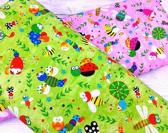 Bugs Fabric, Insects Fabric, 100% Cotton, Kids Children Fabric, Quilting Sewing Craft Fabric, Summer Material by Fat Quarter/Half Yard/Yard