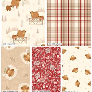 May include: A selection of fabric swatches showcasing diverse patterns. Designs include Highland cows in a field, a berry tartan plaid, Highland cow motifs, a red floral pattern, and Highland cow spots. Each swatch has a unique design.