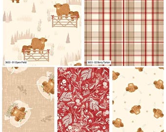 Highland Cow Fat Quarter Bundle, 100% Cotton, Tartan Farmhouse Scottish Theme Fat Quarters, Quilting Sewing Craft Fabric, Set of 5