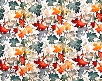 May include: A fabric pattern featuring a dense arrangement of stylized leaves in shades of vibrant orange, deep red, muted green, and soft grey. The leaves are interconnected by delicate, thin, dark brown swirling vine-like tendrils.