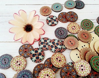 Wooden Buttons, Mandala Buttons, Multicoloured Buttons, Ethnic Buttons, Two Holes Buttons, Random Mix Buttons, Patterned Buttons, Pack of 10