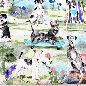 May include: Fabric with a repeating pattern of various dog breeds in a park setting. The dogs are depicted in different poses, some wearing sunglasses or hats. The background includes flowers, trees, and a blue sky, creating a whimsical and colorful design.