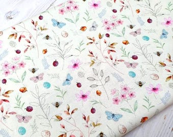 Bee Butterfly Floral Cotton Fabric, Botanical Quilting Sewing Craft Material