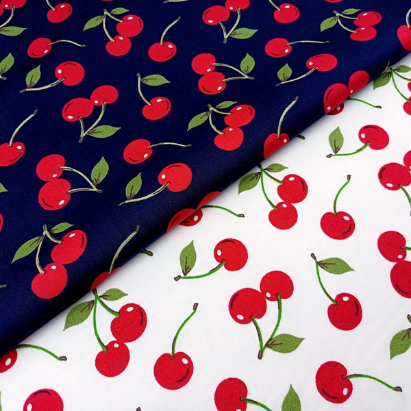 Cherry Fabric, 100% Cotton Poplin, Summer Fruit Print, Dressmaking Material, Quilting Sewing Craft Fabric by Fat Quarter/Half Metre/Metre