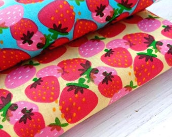 Strawberry Polycotton Fabric, Summer Fruit Print, Sewing Craft Material by Fat Quarter/Half Metre/Metre