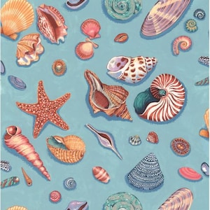 By the Sea Fabric, 100% Premium Baumwolle, Muscheln Seestern Nautikdruck, Quilting Nähen Bastelmaterial by Fat Quarter/Halber Meter/Meter