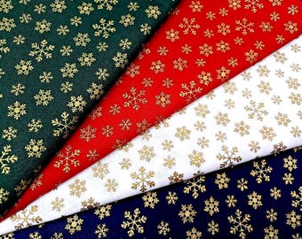 Julsnöflingor metalliskt guldtyg, 100 % bomull, quiltning, sömnad, pyssel, småtryck, festligt material av Fat Quarter/Halvmeter/Meter