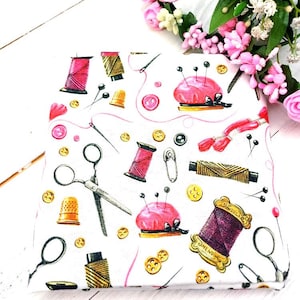 Sewing Theme Fabric, 100% Cotton, Pink Purple Sewing Notions Supplies Print, Quilt Sewing Craft Material by the Fat Quarter/Half Metre/Metre