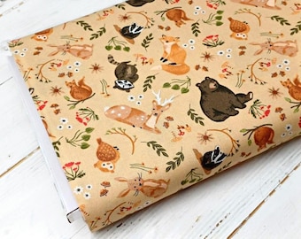 Stof bosdieren, 100% katoen, print voshaas, berenuil, quilten naaien ambachtelijke stof, kindermateriaal per fat Quarter/halve meter/meter