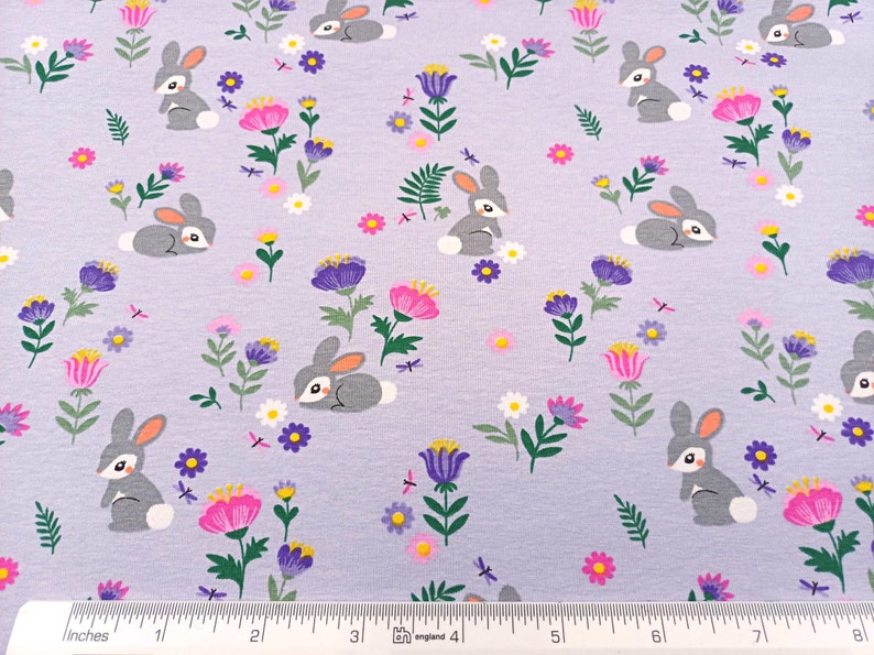 Floral Bunny Jersey Fabric, 150 cm Wide T-shirt Dressmaking Fabric, Children Clothes Material, Jade Lilac Blue Stretchy Fabric by Half Metre image 10