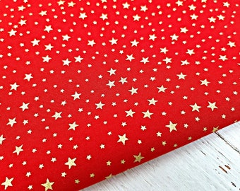 Christmas Cotton Fabric, Festive Small Metallic Gold Stars Print on Red, 140 cm Width